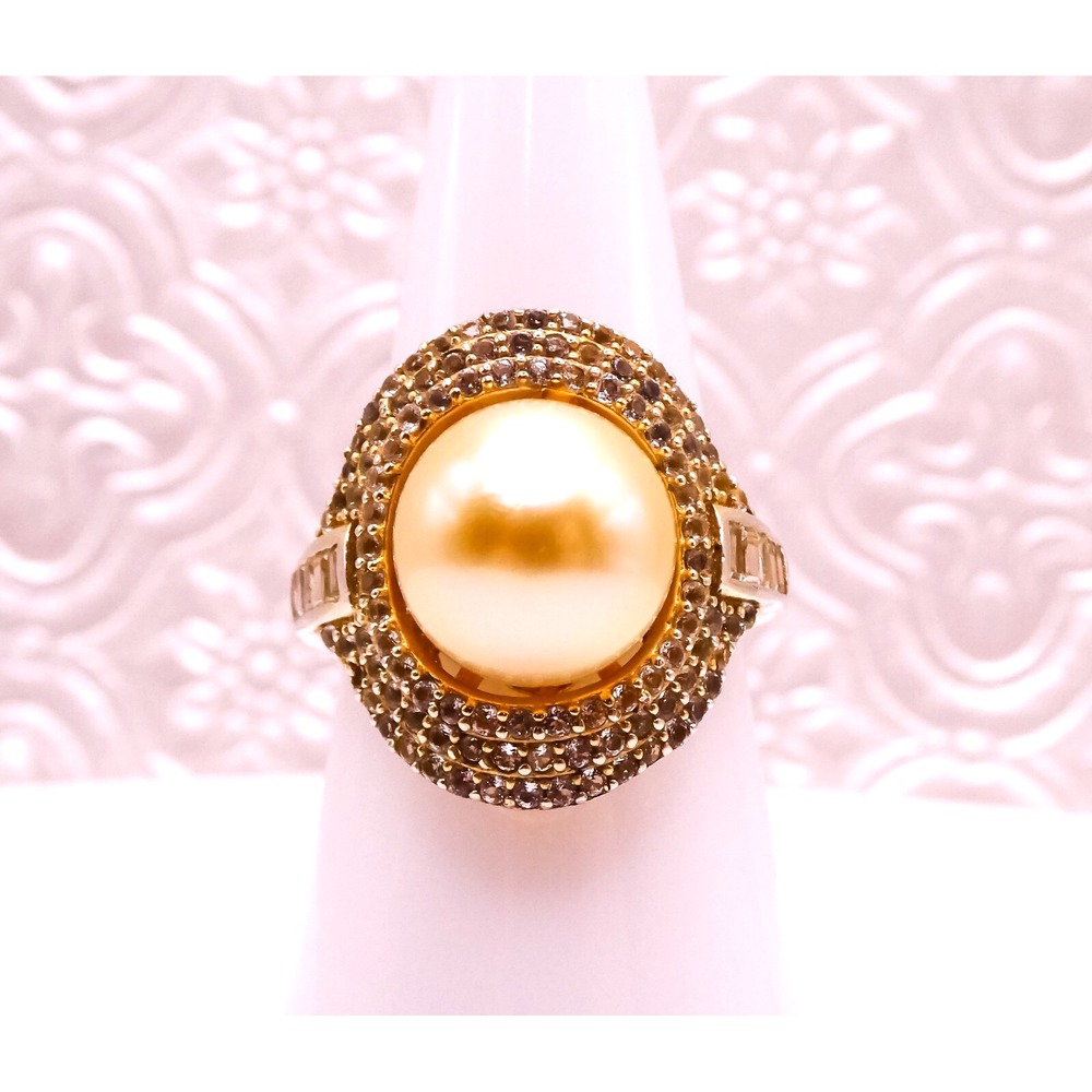 Golden South Sea Pearl Triple Halo Saddle Gold Vermeil Sterling Silver Sz 8 Ring